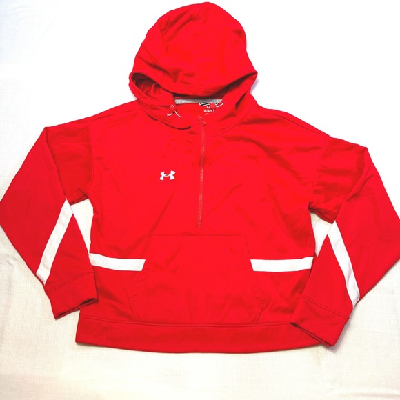 Under‎ Armour Red HeatGear Quarter Zip Hoodie Athletic Pullover LG Cropped - Picture 2 of 7